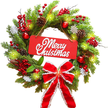 Pre-Lit Artificial Christmas Wreath，BEHONA 21 inch Christmas Snowflake Decorations Wreath Artificial with Lights, Ribbons, Pine Cones for Outdoor Indoor Window Mantle Christmas Decorations