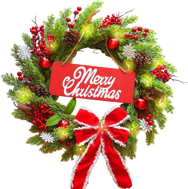 Pre-Lit Artificial Christmas Wreath，BEHONA 21 inch Christmas Snowflake Decorations Wreath Artificial with Lights, Ribbons, Pine Cones for Outdoor Indoor Window Mantle Christmas Decorations