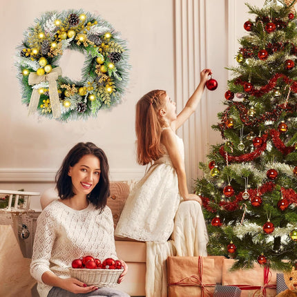 Large Christmas Wreath with Lights, 22 Inch Battery Operated Pre lit Gold Christmas Wreaths and Garland for Front Door Outdoor Indoor Windows Kitchen cabinets Car Pine Wreath Decor