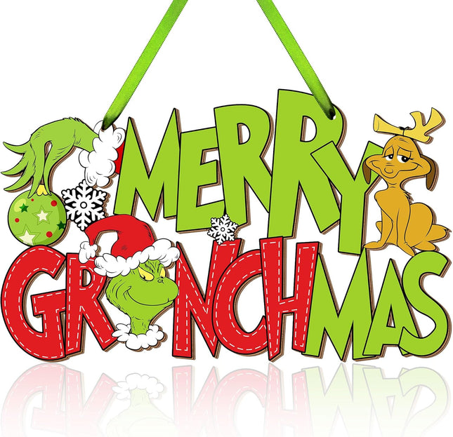 Christmas Door Sign Decorations Hanging Sign, Merry Grinchmas Wooden Hanger Christmas Tree Thief Stole Dog Letter Sign Ornaments for Holiday Xmas Wreath Wall Yard Indoor Outdoor Decor