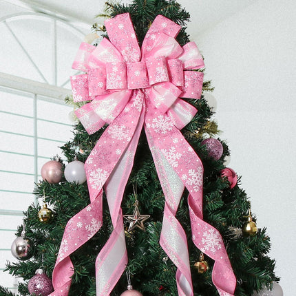 Christmas Tree Topper Christmas Wreath Bow, 52 13 inches Large Tree Toppers Bow with Snowflake Patterned for Xmas Tree Décor Christmas Home Indoor Outdoor Decoration Pink