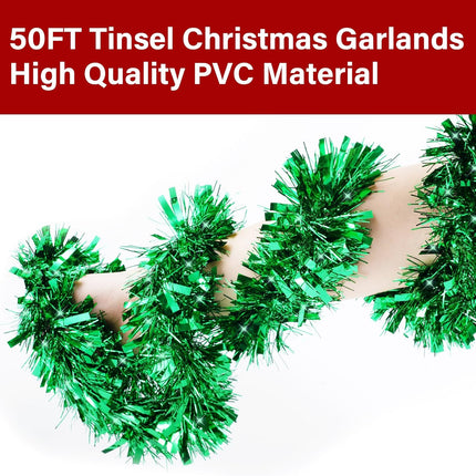 50FT Christmas Tinsel Garland, Green Christmas GarlandTinsel Garlands Christmas Tinsel Ribbon Garlands Tinsel Twist Garland for Indoor for Xmas Tree Holiday Disco Party Christmas Decor