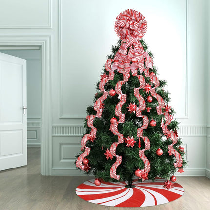Christmas Tree Decoration Set Include Christmas Tree Topper Bow, Decorative Strips Ribbon, Christmas Tree Skirt with Annual Ring for Farmhouse, Wreath Crafts Decorations (Candy Style,47 Inch)