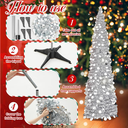 Leyndo 2 Pcs 5 ft Collapsible Artificial Christmas Tree Pencil Pop up Christmas Tree Tinsel Skinny Silver Sequined Christmas Tree for Home Fireplace Decoration