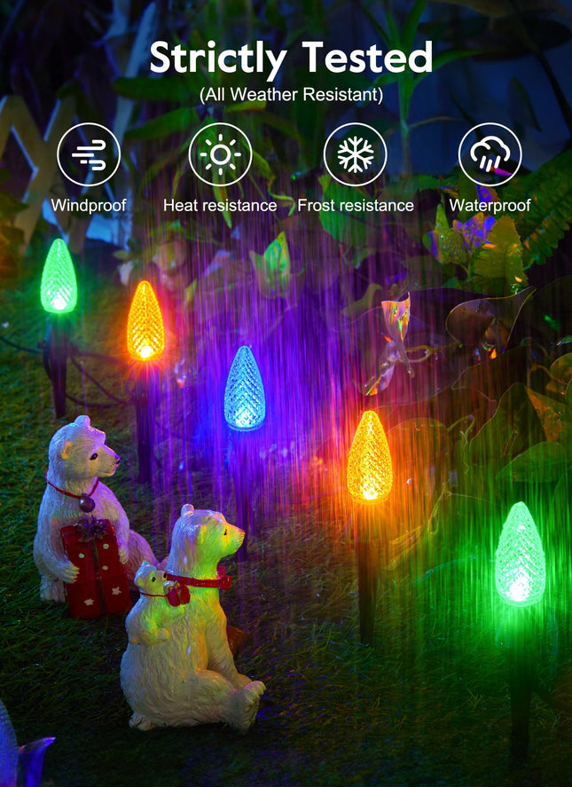 C9 Christmas Pathway Lights Outdoor, 25.7 Feet 20 LED C9 Strawberry Walkway Lights with Marker Stakes, Connectable Shatterproof C9 String Lights for Lane Outside Yard Decorations, Multicolored