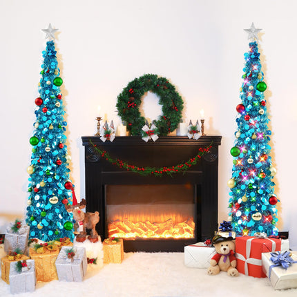 N&T NIETING Christmas Tree, 6ft Collapsible Pop Up Blue Tinsel Christmas Tree with 40pcs Ball Ornaments, Coastal Christmas Tree for Holiday Xmas Decorations Home Display