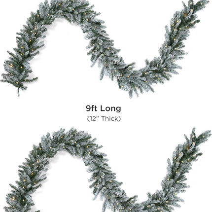 Papyrus 2 Pack of 9 ft Pre-Lit Frosted Blue Spruce Garland, Artificial, Warm White Light, Battery Powered, Indoor/Outdoor