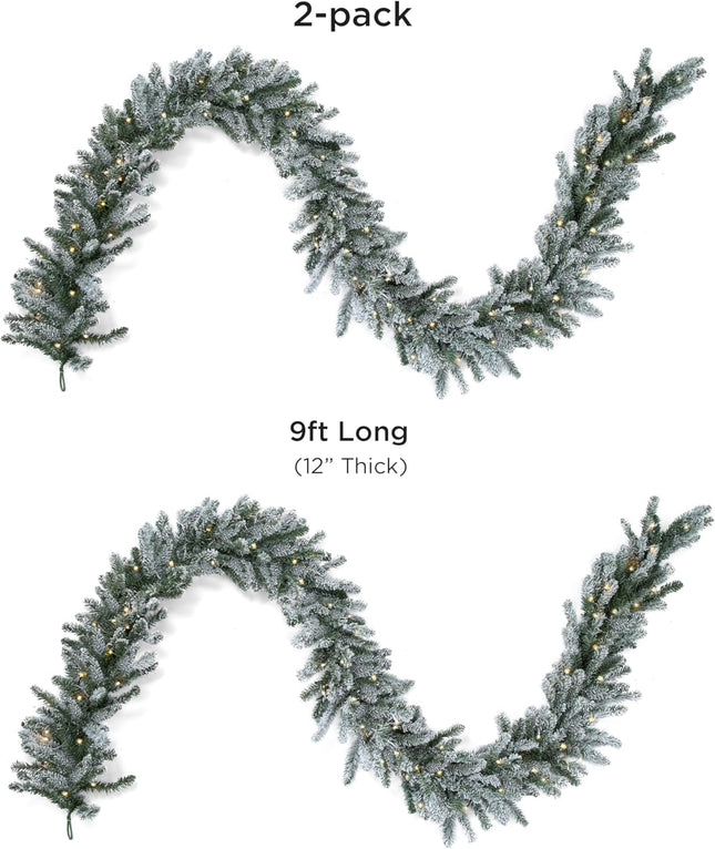 Papyrus 2 Pack of 9 ft Pre-Lit Frosted Blue Spruce Garland, Artificial, Warm White Light, Battery Powered, Indoor/Outdoor