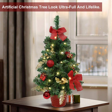 2PACK GRANDEAL 20 Inch Lighted Tabletop Mini Christmas Tree, Artificial Small Christmas Tree with Lights with Timer, Red Pot Box Bows Ornaments Christmas Decoration, Holiday Indoor Decoration