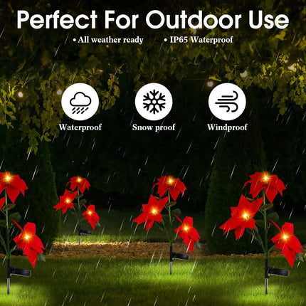 VIHOSE 4 Pieces Christmas Solar Poinsettia Stake Flowers Lights Waterproof Trees Pathway Lights Poinsettia Garden LED Lights Outside Decorations for Pathway Yard Garden Lawn Outdoor Decorative