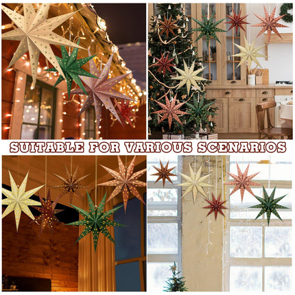 5 Set Christmas 3D Paper Star Lantern 9 Pointed Hanging Star Paper Lantern 24 Inch Hollow Star Paper Lantern Lampshade for Xmas Wedding Birthday Party Decor(Brown, Green, Beige, Red)