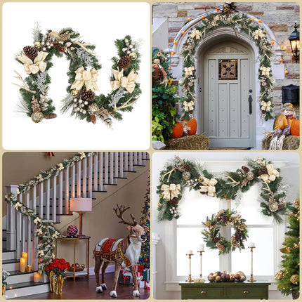 GAOMON Prelit Christmas Garland with 20 Lights, Outdoor Christmas Garland with Gold Christmas Balls Pine Cones Antlers for Fireplace Mantel Porch Indoor Home Holiday Decorations