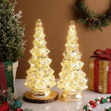 2 Pcs 12.6 Inch Lighted Glass Christmas Tree Figurine Battery Operated Glass Christmas Tree Silver Glass Lighted Christmas Tree Glass Tabletop Xmas Tree Decoration for Fireplace Mantel