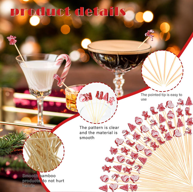 Vintage Christmas Cocktail Picks, Retro 70s 60s 50s Themed Xmas Decoration Toothpicks Fruit Drinks Dessert Sticks Food Sandwich Appetizer Charcuterie Skewers for Christmas Decorations Party Supplies