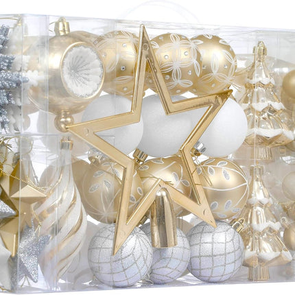 Valery Madelyn Christmas Ball Ornaments, 100ct White and Gold Shatterproof Christmas Tree Decorations Set, Elegant Hanging Ornaments for Xmas Trees Bulk Holiday Decor