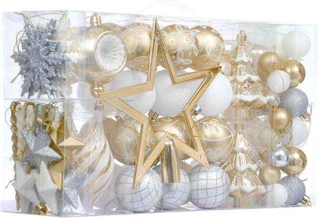 Valery Madelyn Christmas Ball Ornaments, 100ct White and Gold Shatterproof Christmas Tree Decorations Set, Elegant Hanging Ornaments for Xmas Trees Bulk Holiday Decor