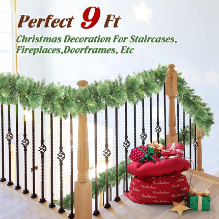 Jin&Bao 9FT Christmas Garland with Lights 100 LED Prelit Pine Needle, Cypress Leaves, Snow Branches Garland Christmas Decorations with Timer 8 Modes for Mantle Stairs Door Outdoor Decor