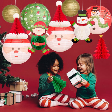 12Pc Gold Red Green Christmas Elf Paper Lantern Decoration Set, 3D Xmas Hat, Santa Claus, Snowman Tissue Paper Honeycomb, Indoor Outdoor Hanging Xmas Tree Star Garland Holiday Party Supply 12, 10, 8''