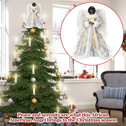 12 Inch Black Angel Christmas Tree Topper Standing African American Black Angel Figurines Treetop for Decoration(White, Cute Style)