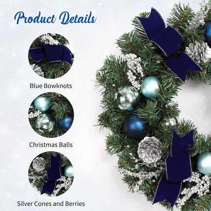 LinTimes Christmas Wreaths, 18 Inch Christmas Wreath for Front Door with 15 LED Lights, Pre-lit Christmas Decoration with Blue Bows Silver Leaves Ball Ornaments for Christmas Wall Window Decor