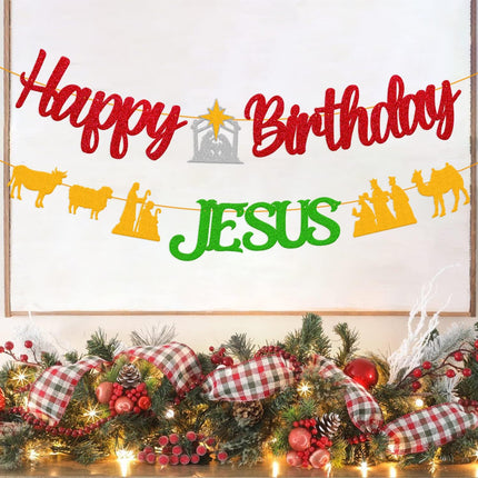 Happy Birthday Jesus Banner for Christian Winter Merry Christmas Garland Jesus's Bday Party Supplies Gold and Green Decorations