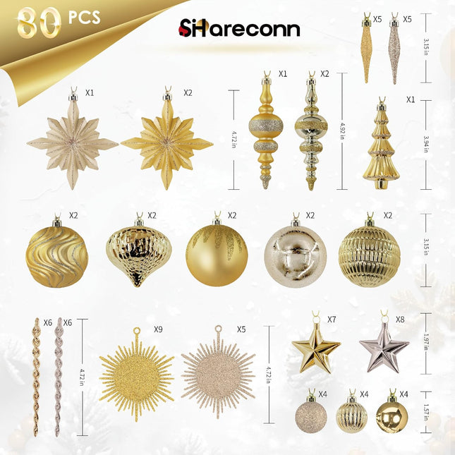SHareconn 80pcs Christmas Balls Ornaments Set, Contemporary Light Luxury Set, Shatterproof Plastic Decor for Xmas Tree Holiday Wedding Party Decorations with Hanging Strings, Dark and Light Gold