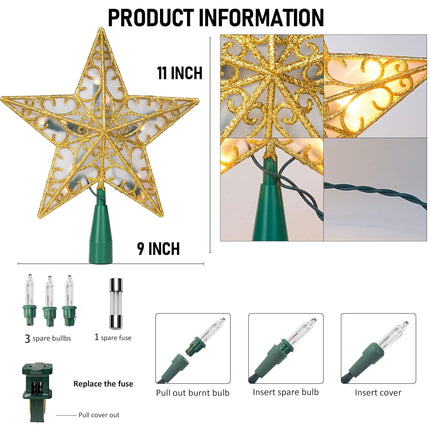Dazzle Bright 11 Inch Star Tree Topper, Lighted Glitter Christmas Treetop with 10 Lights, Christmas Decorations for Xmas Tree Home Bar Shop Christmas Decor (Gold)