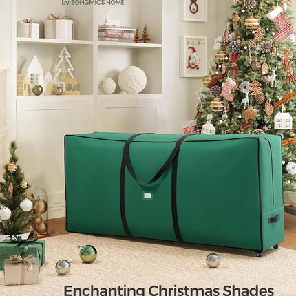 SONGMICS Christmas Tree Storage Bag with 1.6-Inch Wheels, Rolling Storage Bag, up to 9 ft, For Disassembled Holiday Tree, Length-Adjustable Handles, 600D Oxford Fabric, Forest Green URXS004C01