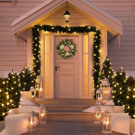 24” Christmas Wreaths for Front Door, Christmas Wreath with Lights Gold Flower Berry Leaves Ball, Glittering Wreath Decor Home Christmas Year