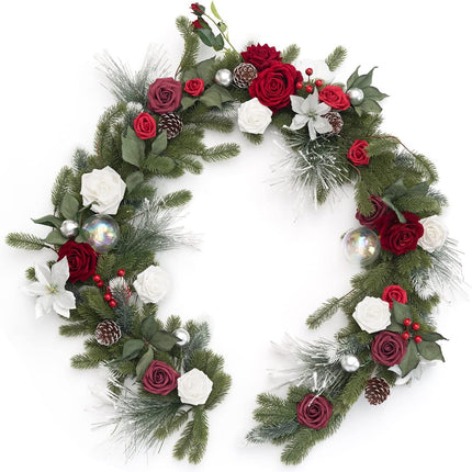 Ling's Moment Flower Garland - 6FT Eucalyptus & Rose - Sweetheart Table Decor for Wedding Reception, Artificial Floral Garland for Mantle, Thanksgiving Decoration, Christmas Red & Sparkle