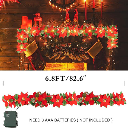 Dazzle Bright 7 FT Christmas Poinsettia Flowers Garland Decorations, 10 LED Lighted Artificial Velvet String Lights with Red Berries Holly Leaves, Xmas Ornaments for Indoor Outdoor Fireplace Decor