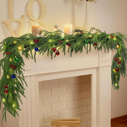 2 Pcs Artificial Norfolk Pine Garlands, Real Touch Winter Pine Garland with Berries, Decorative Balls and LED Light, for Table, Mantle, Wall, Indoor, Outdoor Christmas Decorations (2, 6 FT)