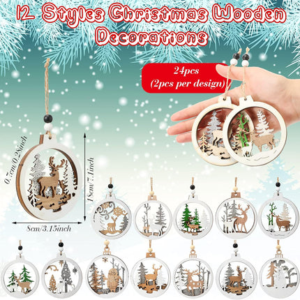Coume 24 Pcs Christmas Wooden Ornaments Christmas Tree Ornaments Hollow Winter Ornaments Wood Craved Hanging Craft Decorations Farmhouse Rustic 3D Glitter Reindeer Santa Snowman, 12 Designs