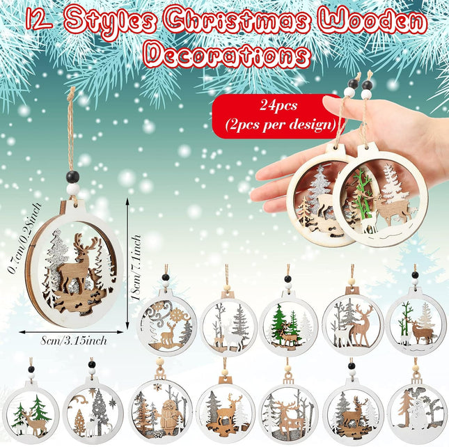 Coume 24 Pcs Christmas Wooden Ornaments Christmas Tree Ornaments Hollow Winter Ornaments Wood Craved Hanging Craft Decorations Farmhouse Rustic 3D Glitter Reindeer Santa Snowman, 12 Designs