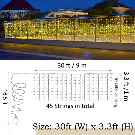 Solhice LED Curtain Lights Outside 30ft x 3ft for Backyard, 450 LED Plug in Christmas Fence String Lights Outdoor, Twinkle Lights Backdrop Waterproof for Patio Deck Décor, Warm White (Not Connectable)