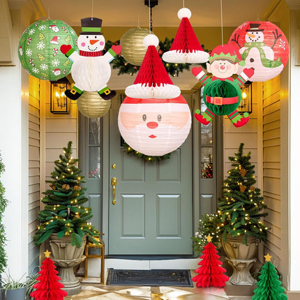 12Pc Gold Red Green Christmas Elf Paper Lantern Decoration Set, 3D Xmas Hat, Santa Claus, Snowman Tissue Paper Honeycomb, Indoor Outdoor Hanging Xmas Tree Star Garland Holiday Party Supply 12, 10, 8''