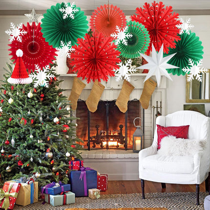 Christmas Party Decorations Red and Green Hanging Paper Fans Glitter Silver Snowflake Ornaments Nine-pointed Paper Star Lantern for Winter Christmas Birthday Wedding Year Party Decoration