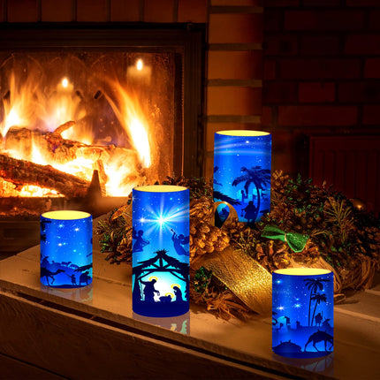 Tiamon Christmas Nativity Scene Candles LED Religious Theme Flameless Candles Battery Operated LED Warm Light Flickering Candles Xmas Pillar Candle Set for Holiday Table Decorations (Romantic)