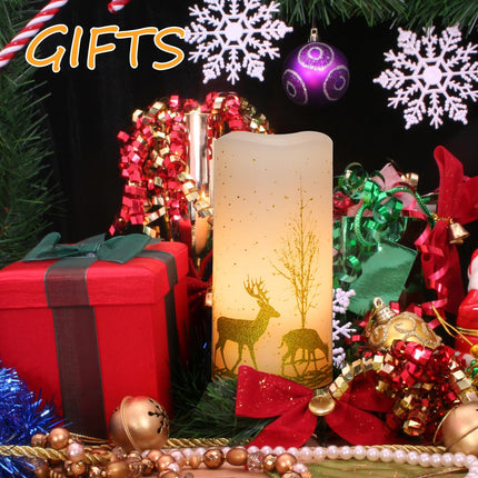 2Pack Christmas LED Flickering Flameless Candles, Battery Operated Wax Candles with Timer Remote, Flameless Pillar Candles with Forest Deer Decal for Home Decorations Christmas s [Gold, 3"X6"]