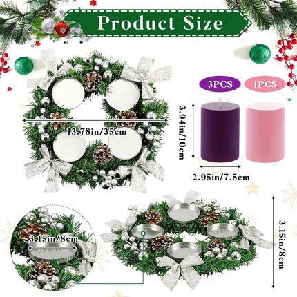 Hotop 5 Pcs Christmas Advent Wreath with Candle Holder Traditional Advent Wreath Candleholder Stand Set Xmas Wreath Decoration with 4 Advent Candles Pine Cone Garland for Church Centerpiece(Silver)