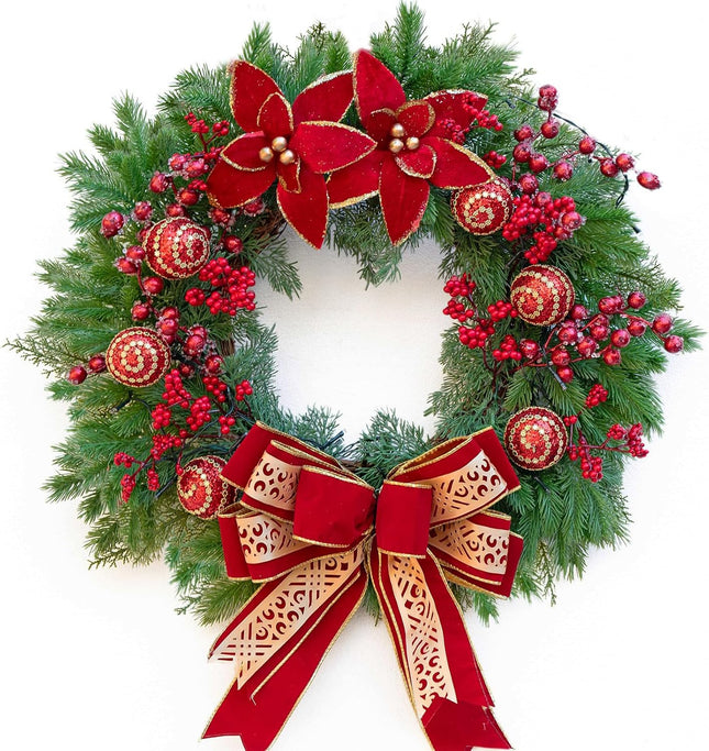 Christmas Wreaths for Front Door, Soomeir Winter Wreath with Large Red Bow, Red Berries and Christmas Balls, for Wall Windows Mantle Outdoor Christmas Decoration