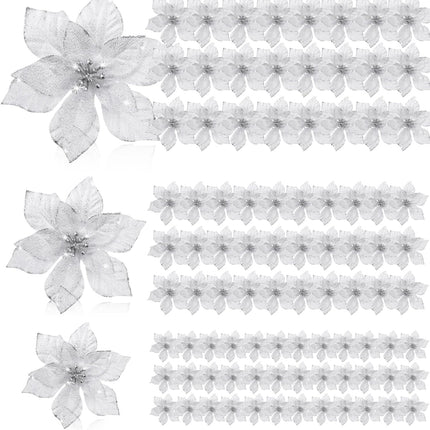 100 Pcs 3 Size Christmas Poinsettia Artificial Flowers Glitter Faux Wedding Flowers Christmas Flower Decoration Ornaments for Christmas Tree Xmas Party DIY Wreath Garland Year Decor(Silver)