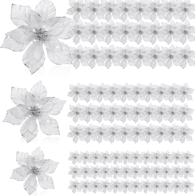 100 Pcs 3 Size Christmas Poinsettia Artificial Flowers Glitter Faux Wedding Flowers Christmas Flower Decoration Ornaments for Christmas Tree Xmas Party DIY Wreath Garland Year Decor(Silver)