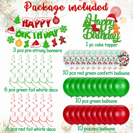 Christmas Birthday Decoration Happy Birthday Banner Christmas Cake Topper Red Green Hanging Swirls Balloons for Merry Christmas Tree Winter Snow Happy Year Theme Party Supplies