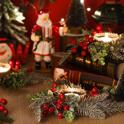 Sliner 6 Pcs Christmas Candle Rings Wreaths Decor Artificial Red Berries Snowy Pine Needles Candle Wreaths Hanging Garland Wreath Candle Holder for Pillars Kitchen Cabinet Home Table Centerpiece