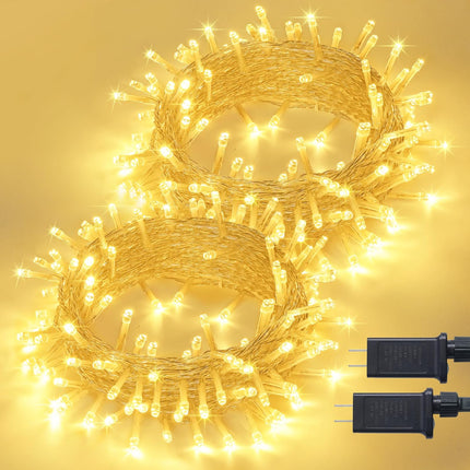 JMEXSUSS 2 Pack 100 LED Warm White Christmas Lights Outdoor, 33ft Connectable Christmas Tree Lights Plug in, 8 Modes Clear Wire Christmas String Lights for Christmas Tree Indoor Xmas Party Decorations