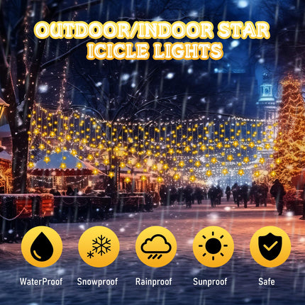 Christmas Star Icicle Lights Outdoor Decorations, 33 ft 380 LEDs 76 Drops, 8 Modes Memory Timer Remote, Connectable Plug in Waterproof Curtain String Lights for Holiday Wedding Decor(Warm White)