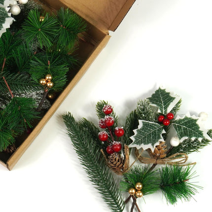 60 Pcs Artificial Green Pine Needles Branches Set Christmas Artificial Holly Red Berry Pinecones with for Christmas Tree House Decorations Christmas Flower Arrangements Wreaths Holiday Supplies (01)