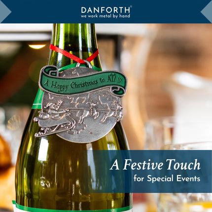 DANFORTH - ‘A Happy Christmas’ Ornament Detailed Pewter with Green Sash, Hanging Christmas Tree Decoration, Santa’s Reindeer Collectors , Made in USA, Measures 2” Tall by 2 ¼” Wide