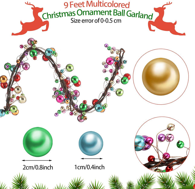 Multicolored Christmas Ornament Christmas Bulb Ball Garland Hanging Baubles Colorful Christmas Garland Colorful Ornament Balls for Christmas Tree Fireplace Wreath Decor (36 Feet)